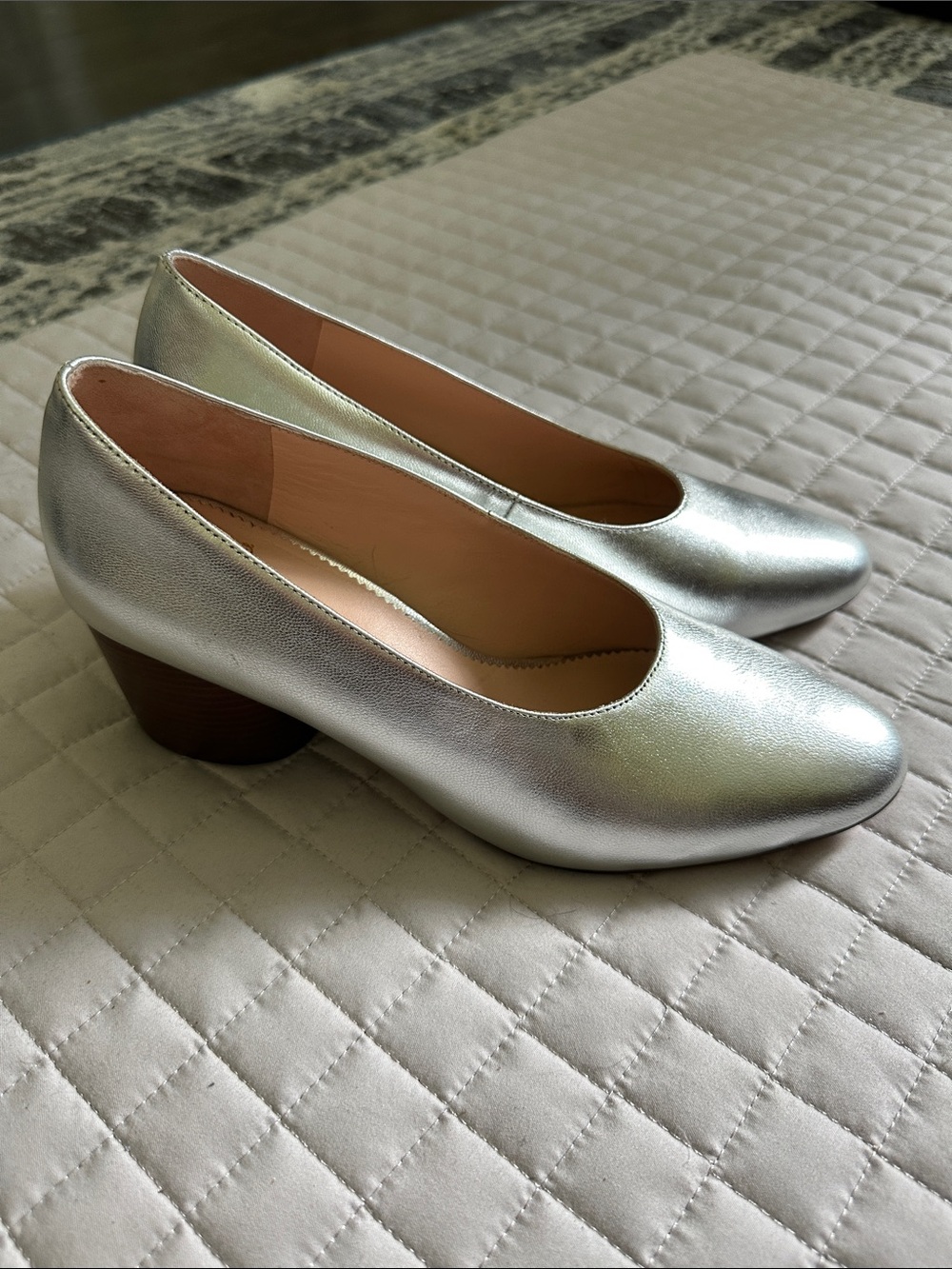J.Crew silver metallic leather stacked mid-heel pumps.